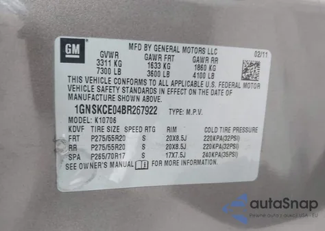 2011 Chevrolet Tahoe Ltz from USA, damaged, VIN 1GNSKCE04BR267922